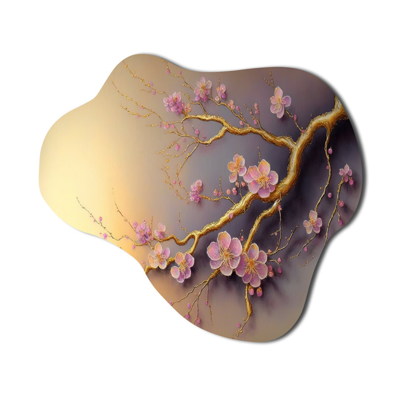 Rose et prune, branche de cerisier en fleurs VII - impression de sculpture murale en métal asymétrique, H 28 po x l 25 po