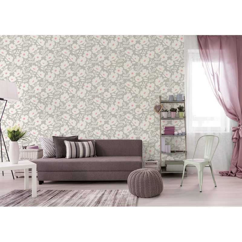 Rouleau de papier peint L 33 pi x l 20,5 po à motif de fleur scandinave Azarius, Gris
