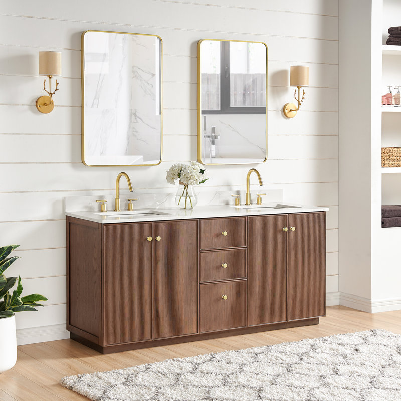 Amella 72'' Free Standing Double Bathroom Vanity with Quartz Top, Dark Brown Oak