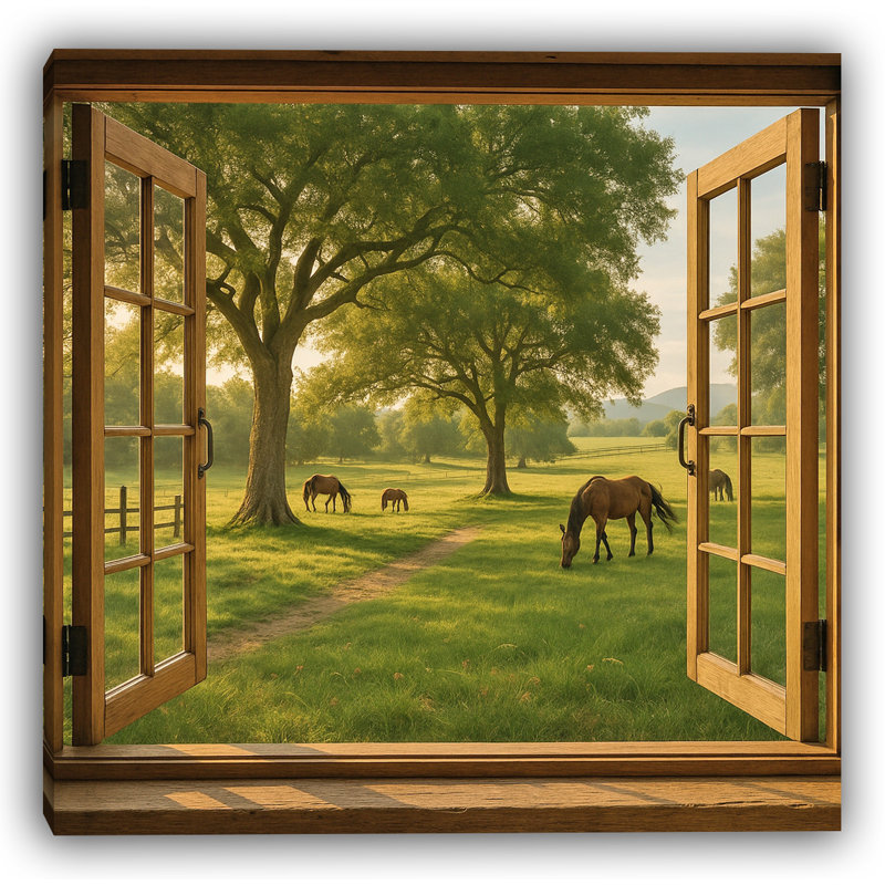«Morning Meadow - Chevaux broutant, art mural sur toile, H 20 po x l 20 po
