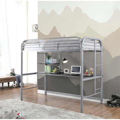 Lit mezzanine contemporain en métal avec échelle, tablettes sous le lit, poste de travail et garde-corps pour plus de sécurité et d'espace