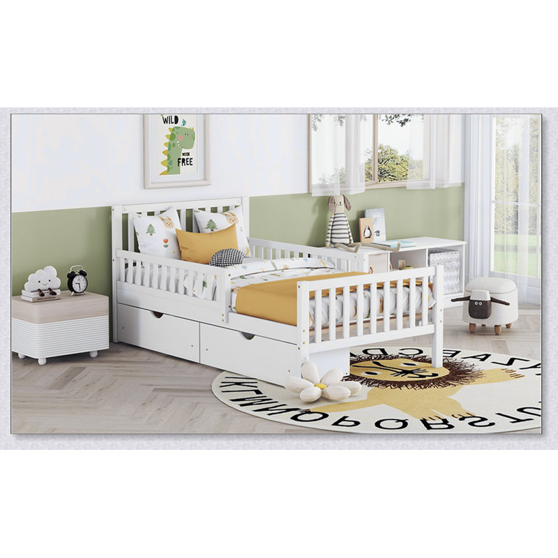 Lit plateforme simple en bois avec garde-corps des deux côtés et deux tiroirs de rangement, Blanc