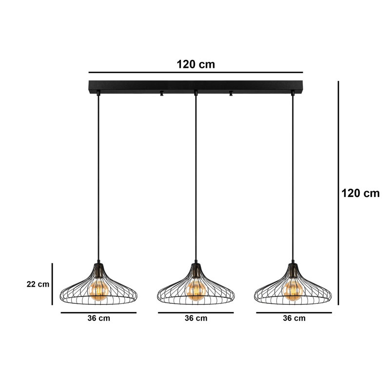 Lustre industriel avec hauteur réglable, noir et finition antique, 47,2 po x 14,2 po x 11,8 po | Corps en métal, 3 x douilles E27 (40 W maximum) | Solution d'éclairage élégante pour la salle à manger et les espaces de vie, conception nostalgique