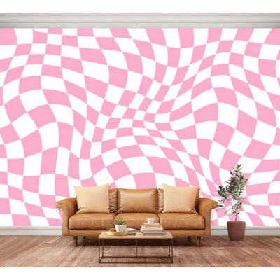 Wall Mural Peel and Stick retro groovy wavy checker pink psychedelic coquette graphics girly Large Wallpaper Self-Adhesive Removable Contact Paper Wall Decor for Living Room Bedroom Nursery 100"H x 144"W