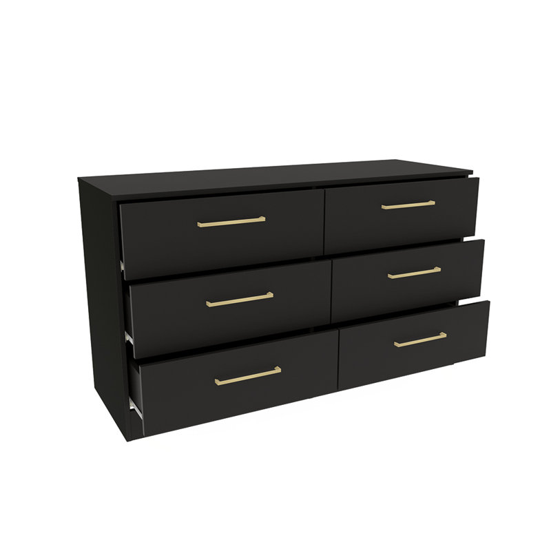 Commode horizontale à 6 tiroirs avec poignées dorées Jolyne - Rangement moderne pour chambre à coucher, Black