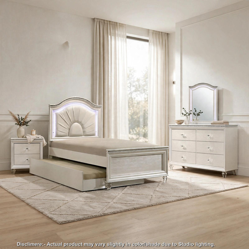 Ensemble de chambre à coucher double 4 pièces avec lit gigogne Jisoo, tête de lit à DEL, blanc perle, Lit double
