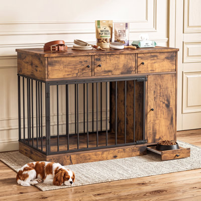 Cage pour chien de style meuble de 120 cm de large avec rangement, niche avec tiroirs, placard et station de gamelle coulissante.