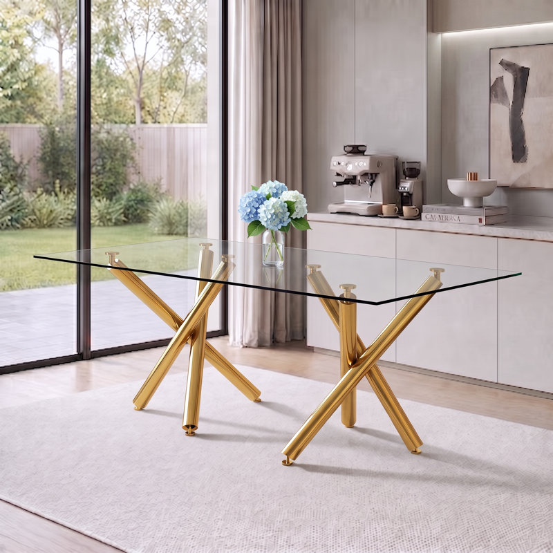 Table de salle à manger rectangulaire contemporaine en verre avec double piétement en X