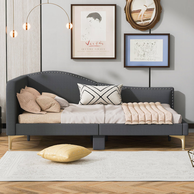 Upholstered Daybed with Headboard and Armrest, Gray, Full