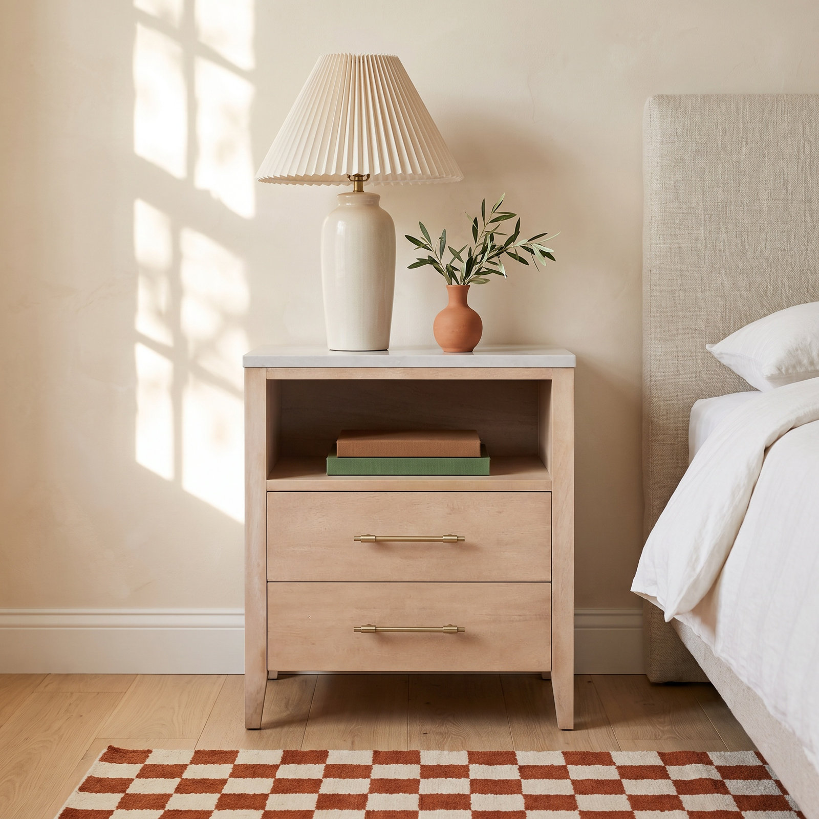 Isa Marble Top 2-Drawer Nightstand, Brown
