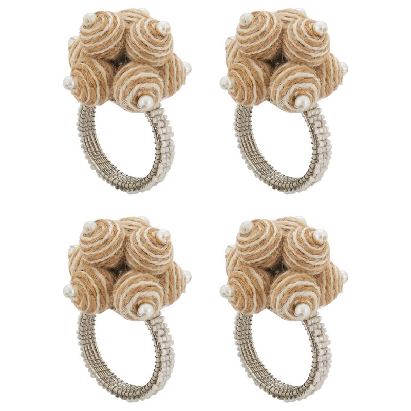 Natural Spiral Ball Napkin Ring Holders with Beaded Design, Set of 4