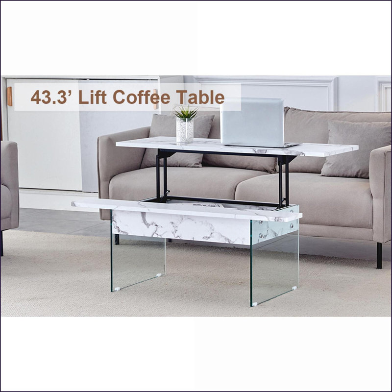 Table basse moderne à plateau relevable en marbre blanc avec pieds en verre trempé, facile à nettoyer et amp; Rangement spacieux