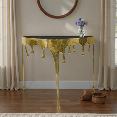 Capri Sofa Console Table | 36.25" Half Moon Glass Top | Melting Drip Design | Aluminum Cast