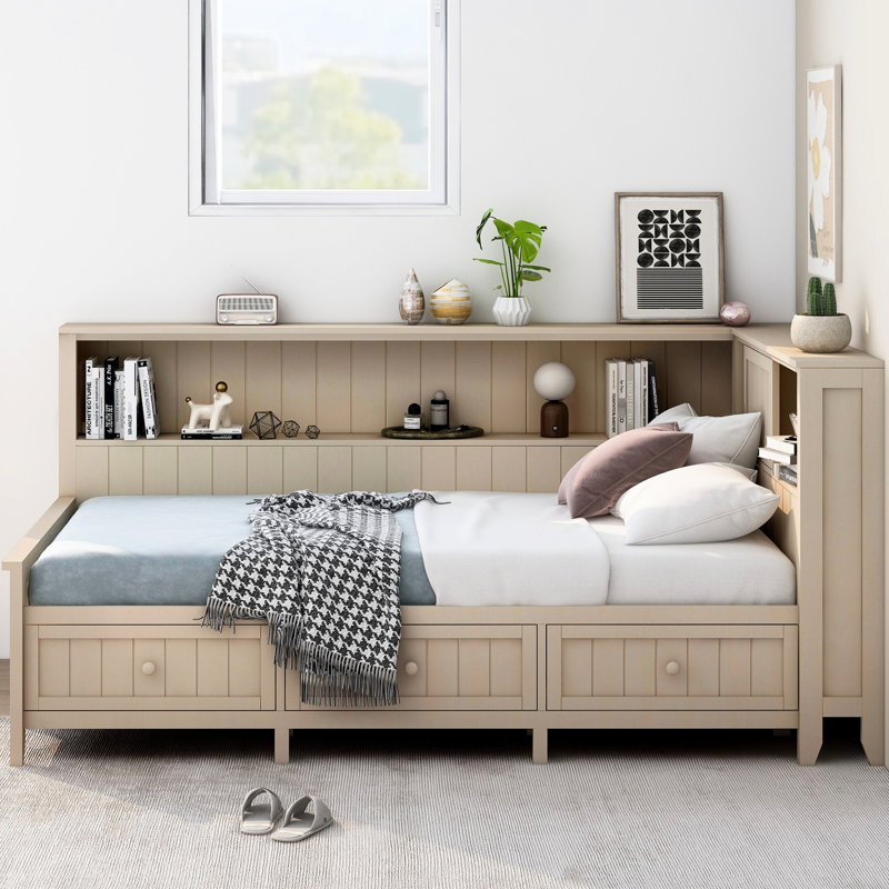 Style Twin Daybed With 3 Drawers And Storage Shelves, Antique White, No Box Spring Needed Wood Space, Drawers, Solid Construction,