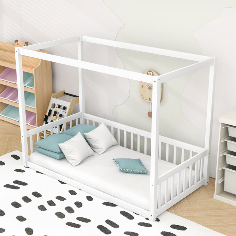 Wooden Canopy Floor Bed With Fence, Twin, White