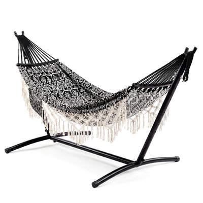 Portable 2-Person Hammock with Stand, 450 lbs Capacity Heavy-Duty Double Hammock with Decorative Lace, Large Comfortable Outdoor Hammock for Patio, Backyard & Poolside, Tool-Free Easy Assembly