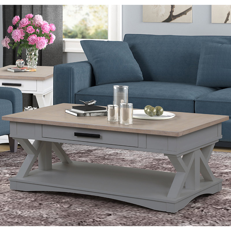 Table basse avec rangement Stapleton, Dessus naturel patiné / base colombe