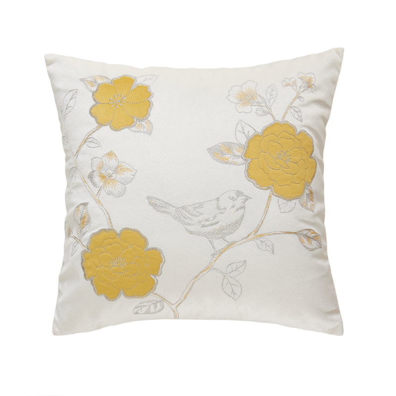 Beige Flowers and Embroidered Birds Lumbar Pillow