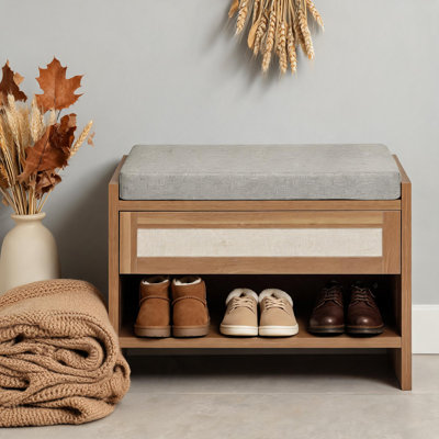Banc à chaussures d'entrée en rotin de 79 cm avec tiroir de rangement et siège rembourré en lin – Banc à chaussures de style campagnard avec rangement pour le corridor, la porte d'entrée et la chambre