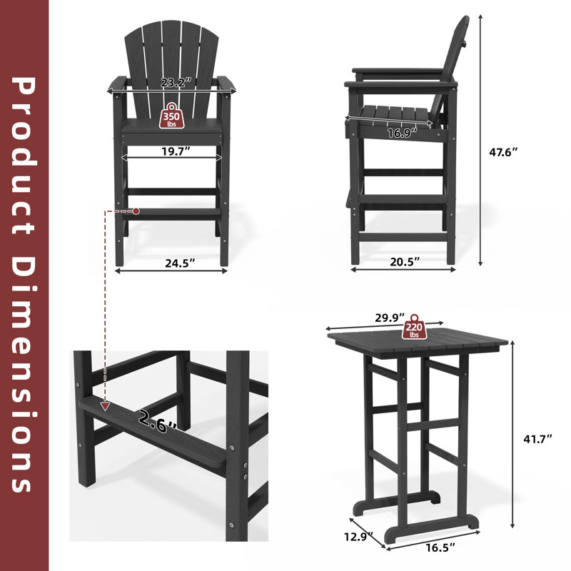 2-Person HDPE Square Outdoor Dining Set, Black
