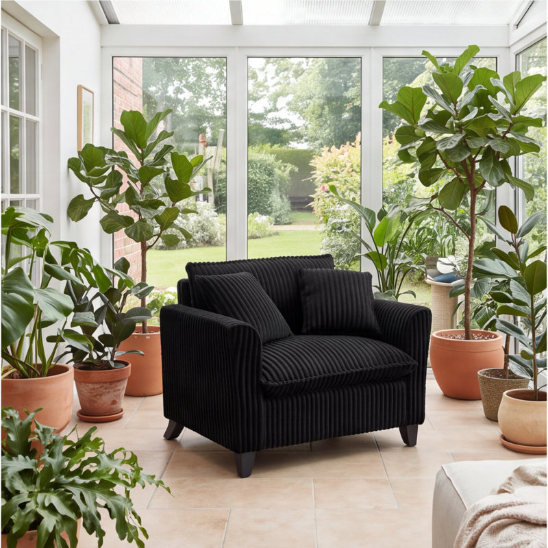 Fauteuil paresseux pour une personne avec accoudoirs, fauteuil en velours côtelé avec coussin en mousse souple et structure en bois, noir