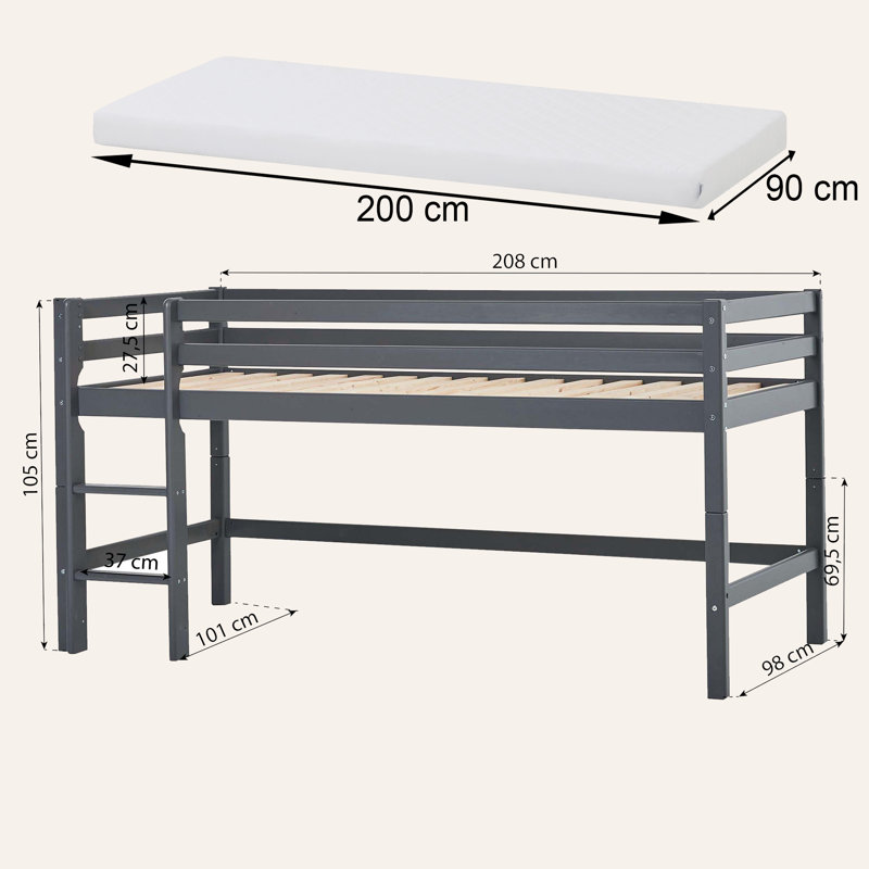 European Single (90 X 200 Cm) Mid Sleepers with Storage Included, Smoked Pearl