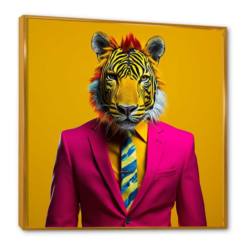 Rose avec tigre - art mural tigre, Cadre flottant doré, H 30 po x l 30 po x P 1,5 po
