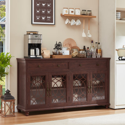 Buffet Farmhouse avec rangement, grande crédence de 59 po avec 4 portes en verre et 2 tiroirs, console à tablettes réglables, bar à café en bois pour la salle à manger, le salon