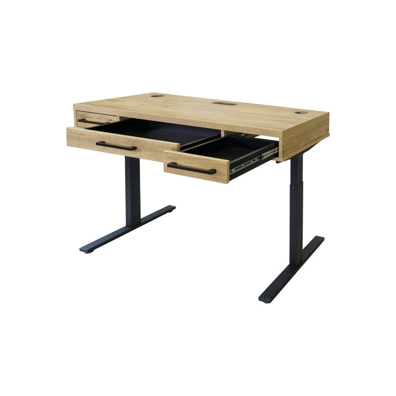 Polster Adjustable Height Standing Desk with Built-In Electrical Outlet, Light Brown/Black