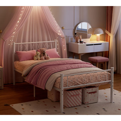 Structure de lit simple en métal XL - tête de lit et pied de lit avec un cœur en fer, lit plateforme simple pour garçons et filles, aucun sommier requis, assemblage facile