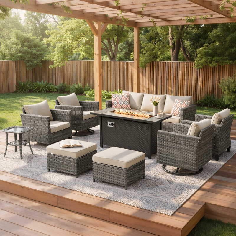 9 - Person Outdoor Wicker Patio Conversation Furniture Set With Fire Pit Table, Beige