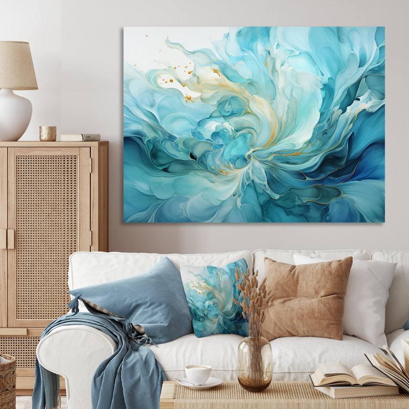 Harmonie d'un tourbillon bleu et or sur toile, H 30 po x l 40 po x P 1,5 po, Toile tendue