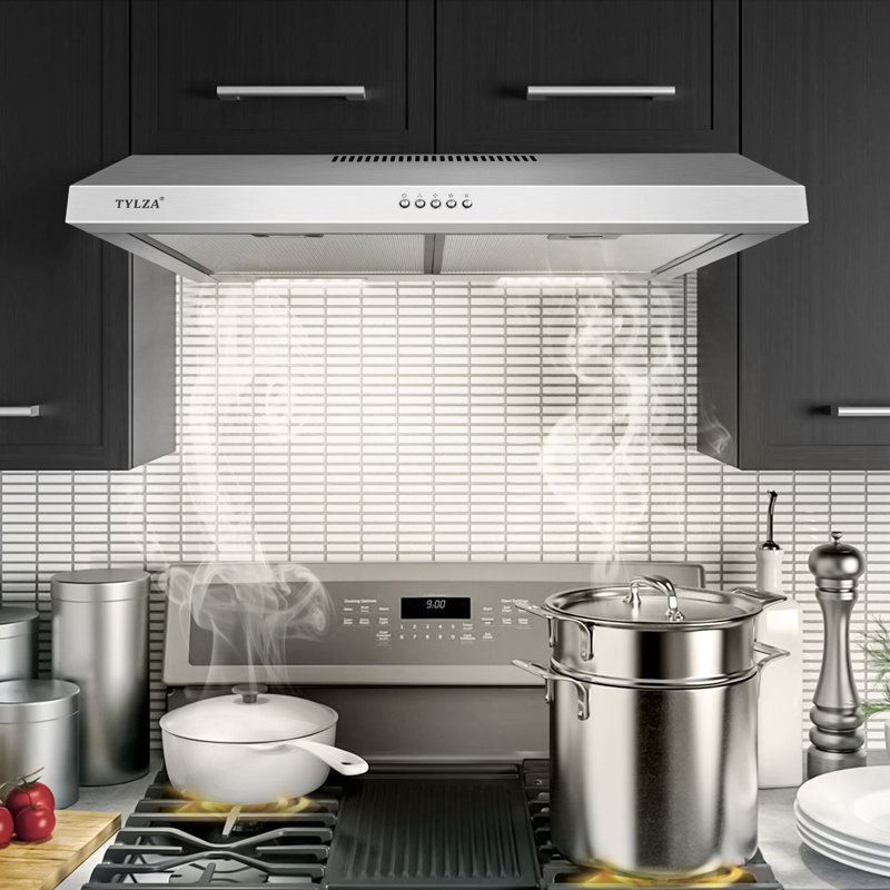 Hotte sous un meuble en acier inoxydable 30 pouces 600 CFM, convertible à conduit / sans conduit, commande à bouton-poussoir, 3 vitesses ultra-silencieuses, lumières DEL, filtres en maille d'aluminium à 5 couches et filtres à charbon, argent