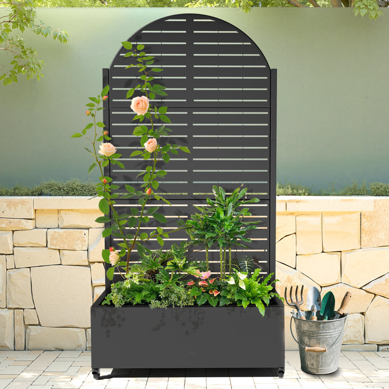 Metal Planter Wall with Trellis with Wheels,Arched Louver Raised Garden Bed with Drainage, Perfect for Climbing Plants, Vegetables and Flowers Outdoor&Indoor– Designed for Gardening Enthusiasts
