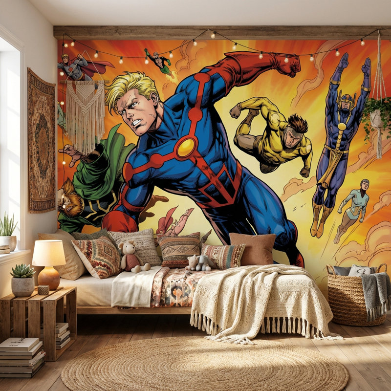 Superheroes Wallpaper Comic Flying Wall Mural, 200"x120", Peel and Stick