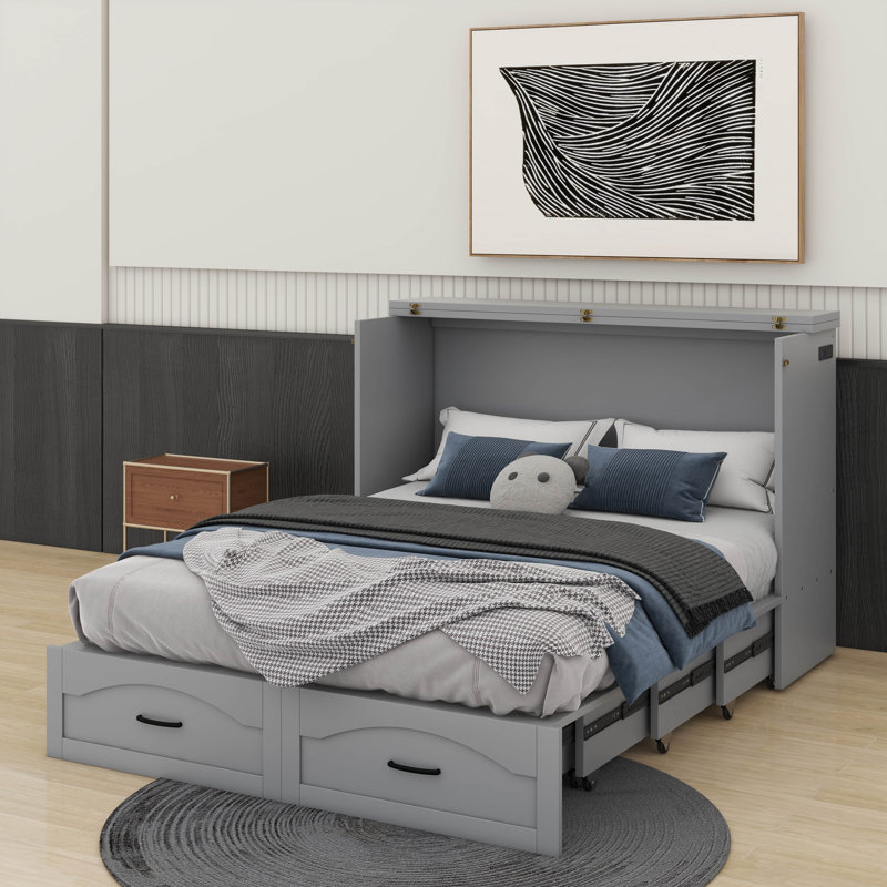 Full Size Murphy Bed Wall Bed With Drawer And A Set Of Sockets & USB Ports, Pulley Structure Design, Gray