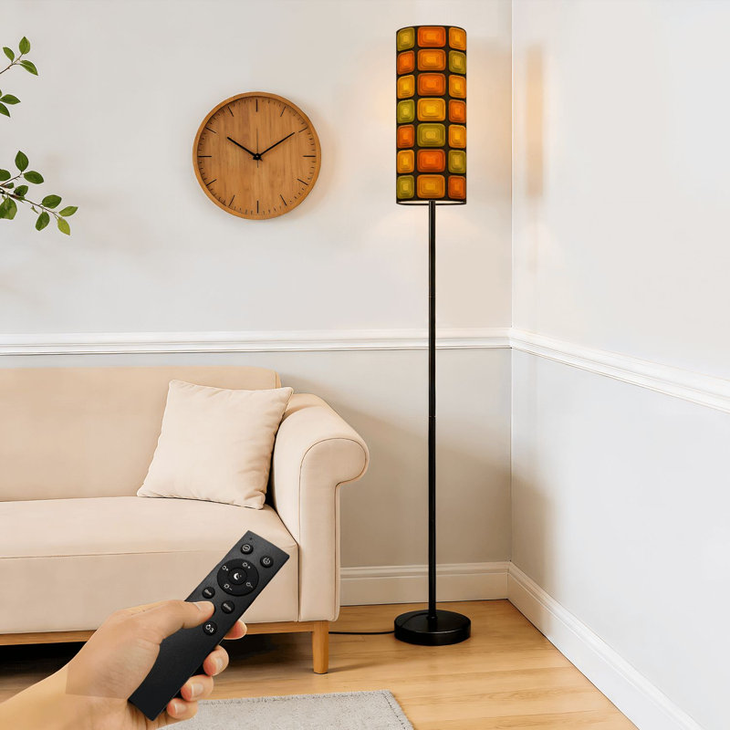  Lampe sur pied 68,5 "rétro géométrique jaune orangé 3D à carreaux carrés, lampe à poteau en métal à intensité variable avec abat-jour en lin, ampoule DEL incluse
