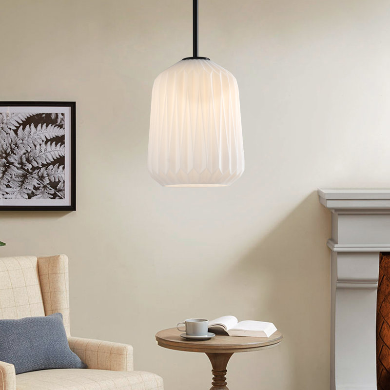 1 - Light 7.87'' Modern Single Pendant Light With Textured Milk-White Frosted Glass Shade Adjustable Pendant For Kitchen Island Dining Room