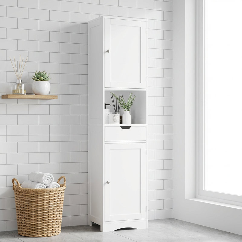 Tall Bathroom Storage Cabinet with Adjustable Shelves, Two Doors, and One Drawer