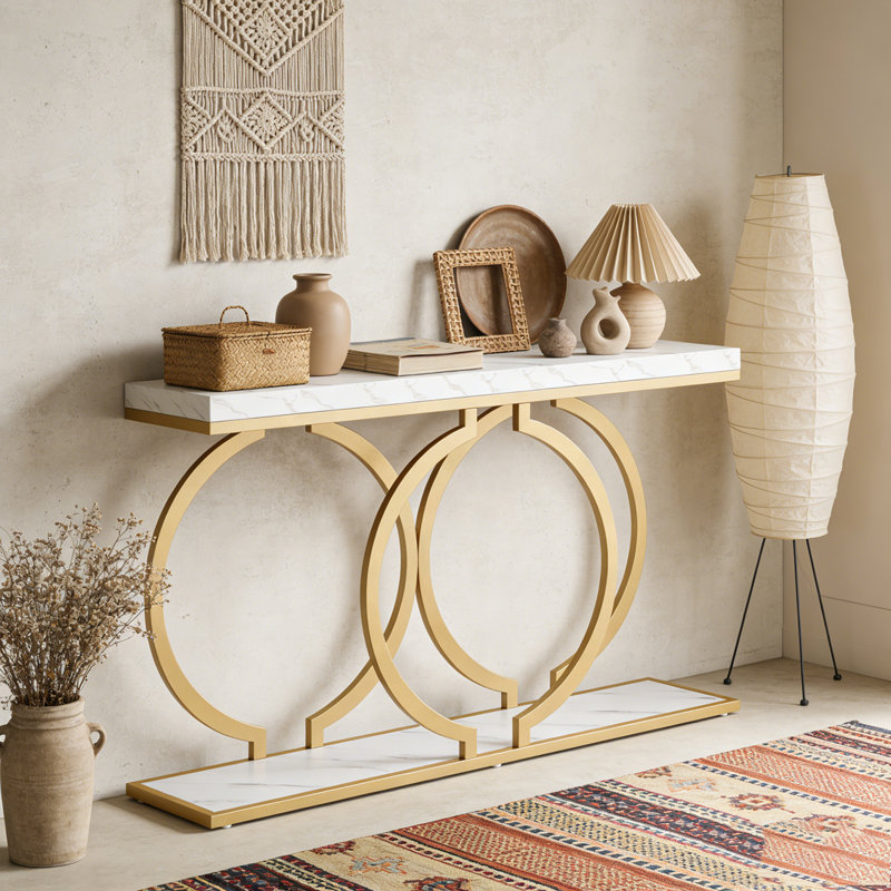 Narrow Console Table Entryway Sofa Table with Geometric Metal Frame, Faux Marble White/Gold