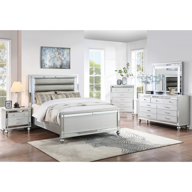 Armoire de chevet moderne en bois avec recharge sans fil, 2 et façade chic pour meubles de chambre à coucher de luxe de couleur argent, rangement élégant