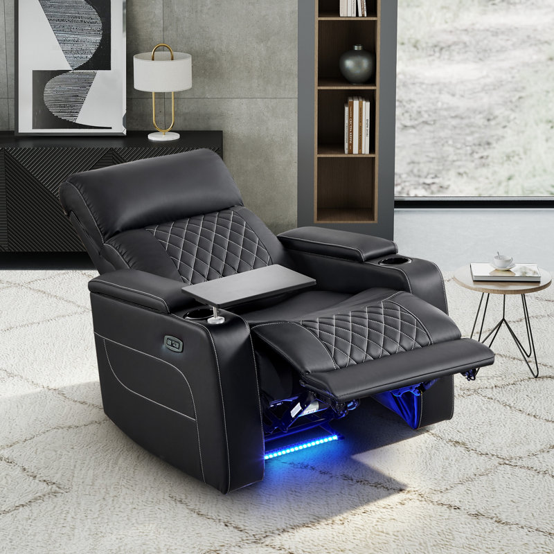 Fauteuil inclinable électrique de 35 po de largeur avec appui-tête réglable, bande d'éclairage à DEL, table-plateau et porte-gobelets