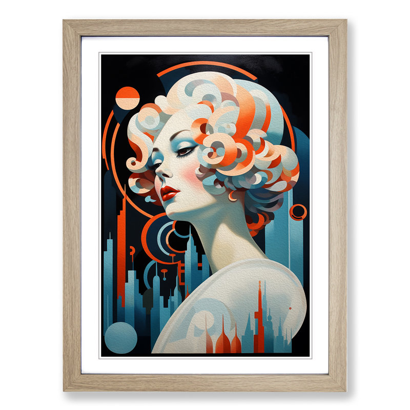 Woman with Curls Art Deco Art - Framed Print, Oak, 64cm H x 46cm W x 2cm D