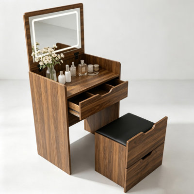 Bureau de coiffeuse 3-en-1 avec miroir lumineux et tabouret de rangement