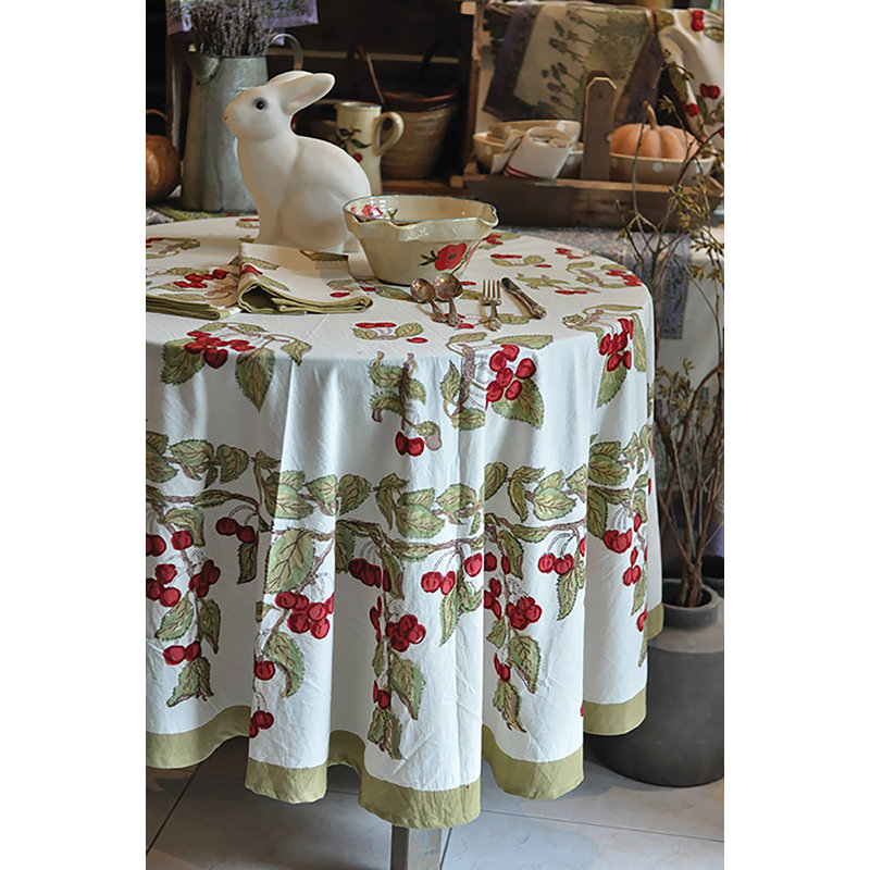 Cherry Tablecloth - Red/Green - 90" Round, 70" Round