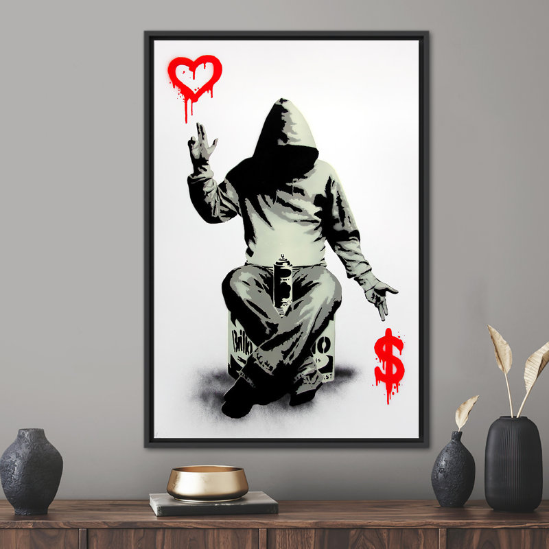 Impression sur toile Banksy Heart, H 39 po x l 93 po, Cadre flottant noir