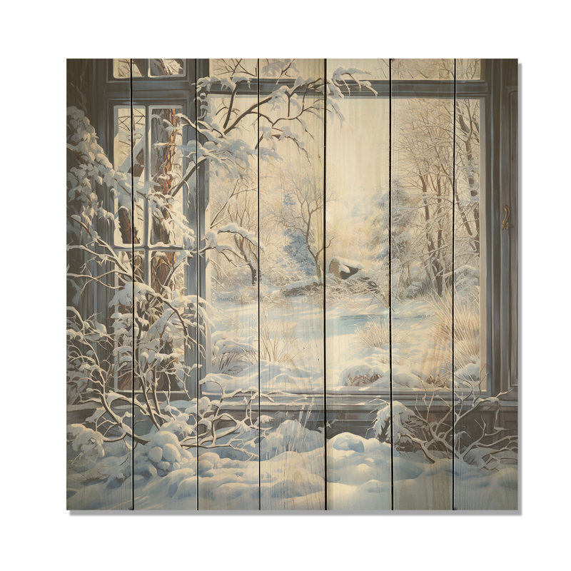 Winter River Window View I - Paysage d'hiver sur bois, H 25 po x l 25 po