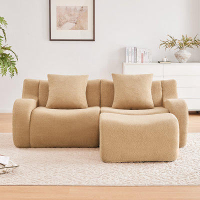 En forme de L 2 sans os avec tissu brun clair, accoudoir incurvé pour la détente, conception ergonomique épurée, éponge haute densité 32d, sans assemblage, tissu antidérapant avec accoudoirs, base et maison
