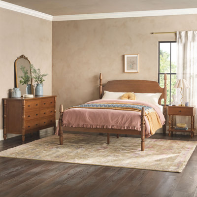 Solid Wood 3-Piece Spindle Vivienne  Bed With Walker Edison Easy Assembly 1-Drawer Nightstand And 6-Drawer Dresser