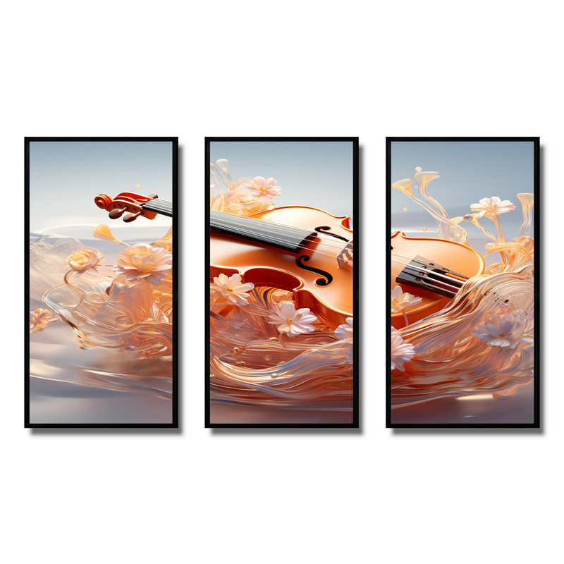 Verre, violon, sérénité, fleurs - musique, art mural, Cadre flottant noir, H 28 po x l 36 po x P 1 po